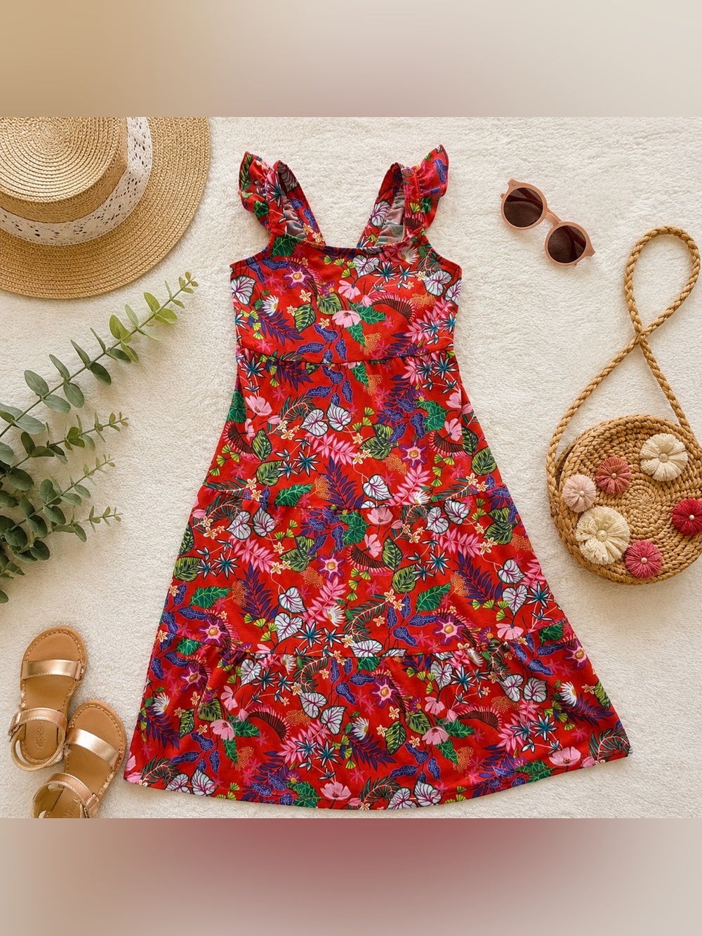 Wonder Nation Girls M 7/8 Red Tropical Floral Tiered Dress Ruffle Straps